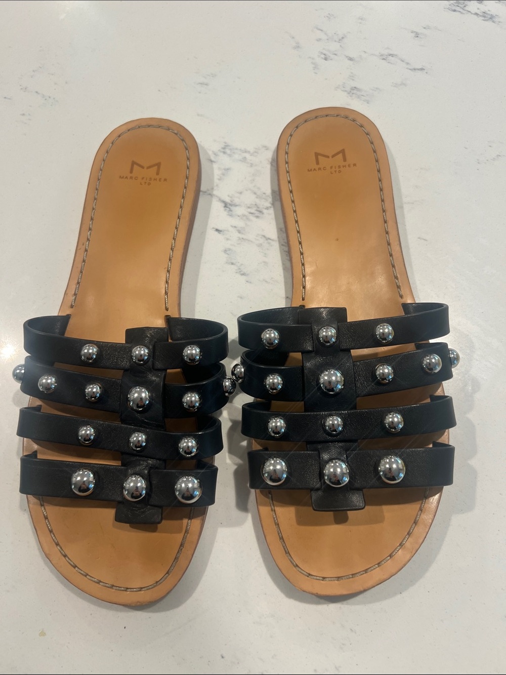 Marc Fisher Black Multi-Strap Stud Slide Sandals